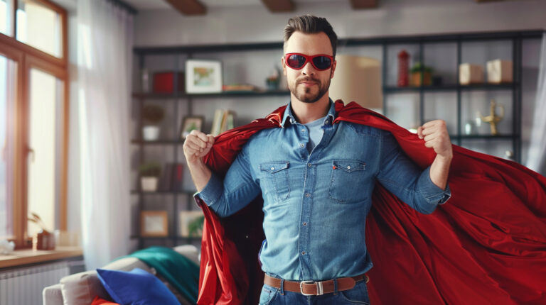 A REALTOR® dressed in a business suit and superhero cape, striking a powerful pose against a cityscape backdrop, representing the 'Prequalify for the Refi' program.