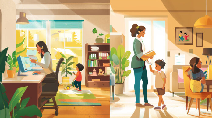 Split-screen image depicting a female realtor in a busy office setting on the left and the same woman enjoying family time at home on the right, symbolizing work-family balance in real estate.
